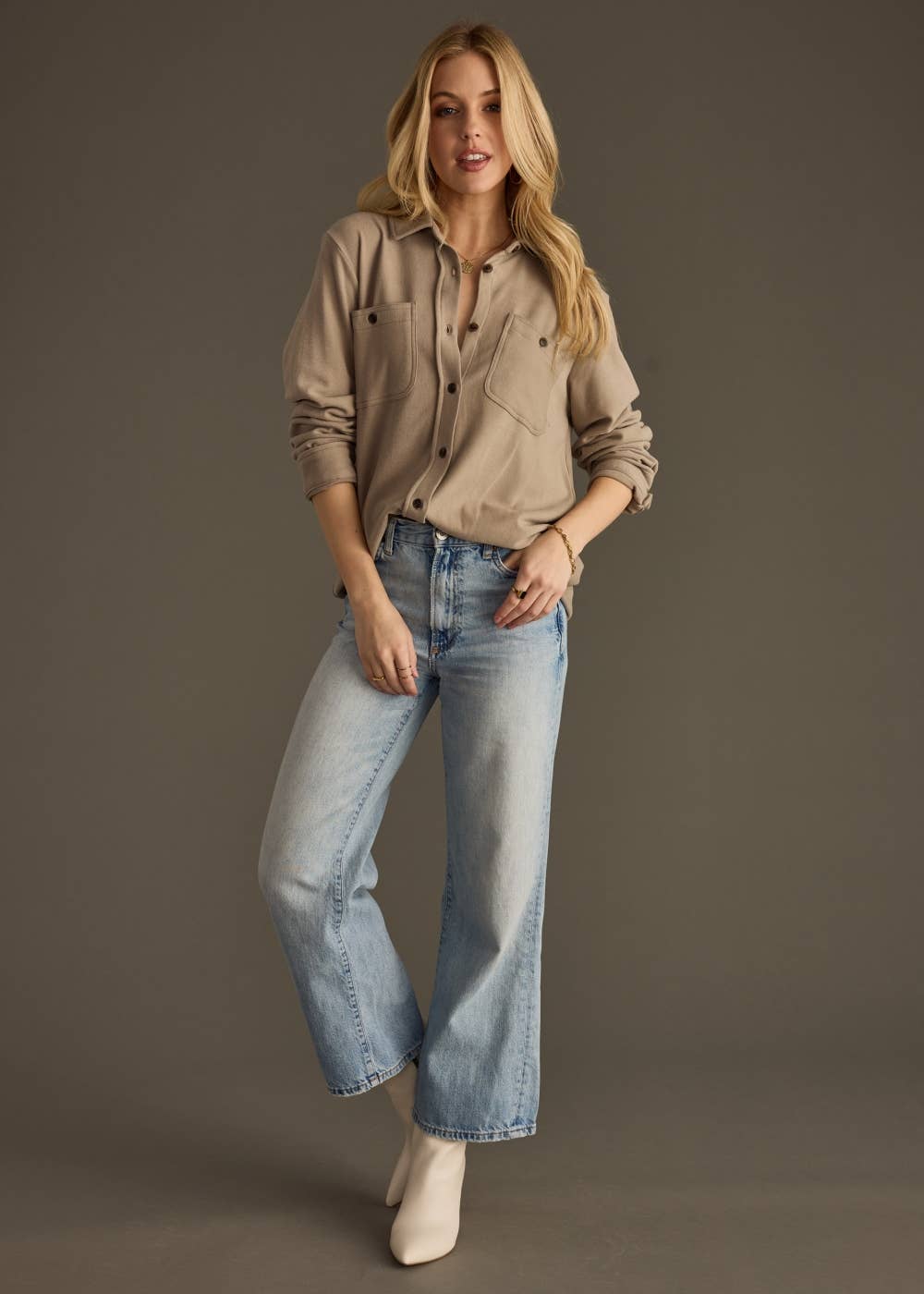 Taupe Soft Button Up