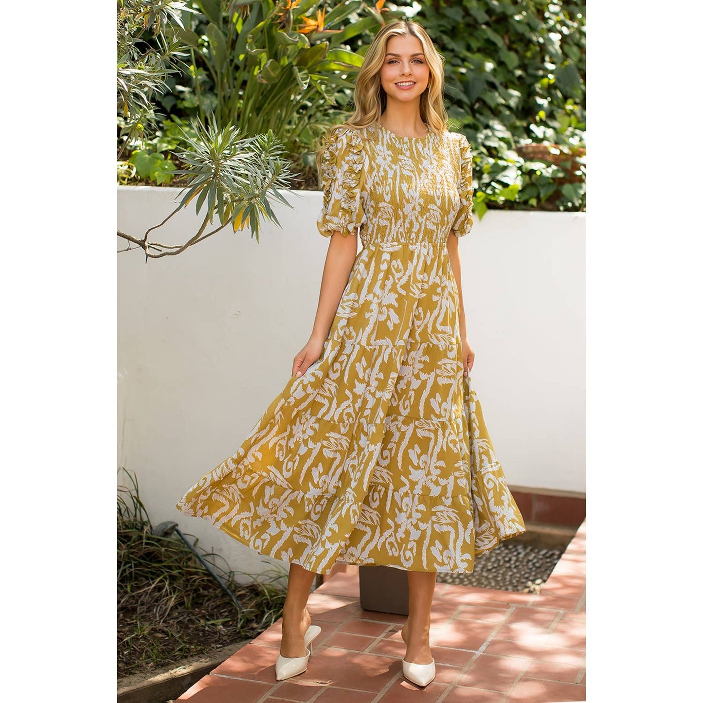Smocked Print Maxi Dress