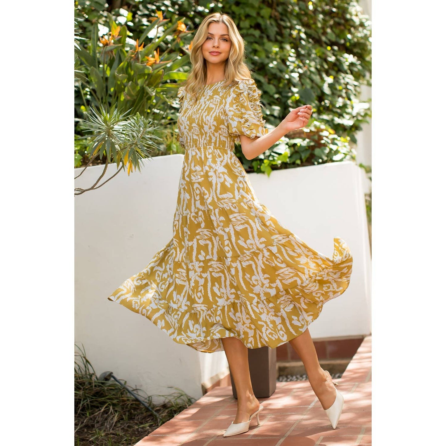 Smocked Print Maxi Dress