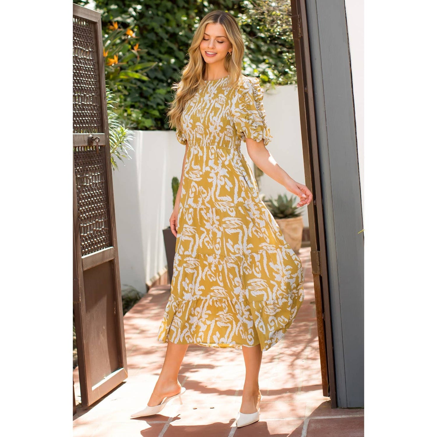 Smocked Print Maxi Dress