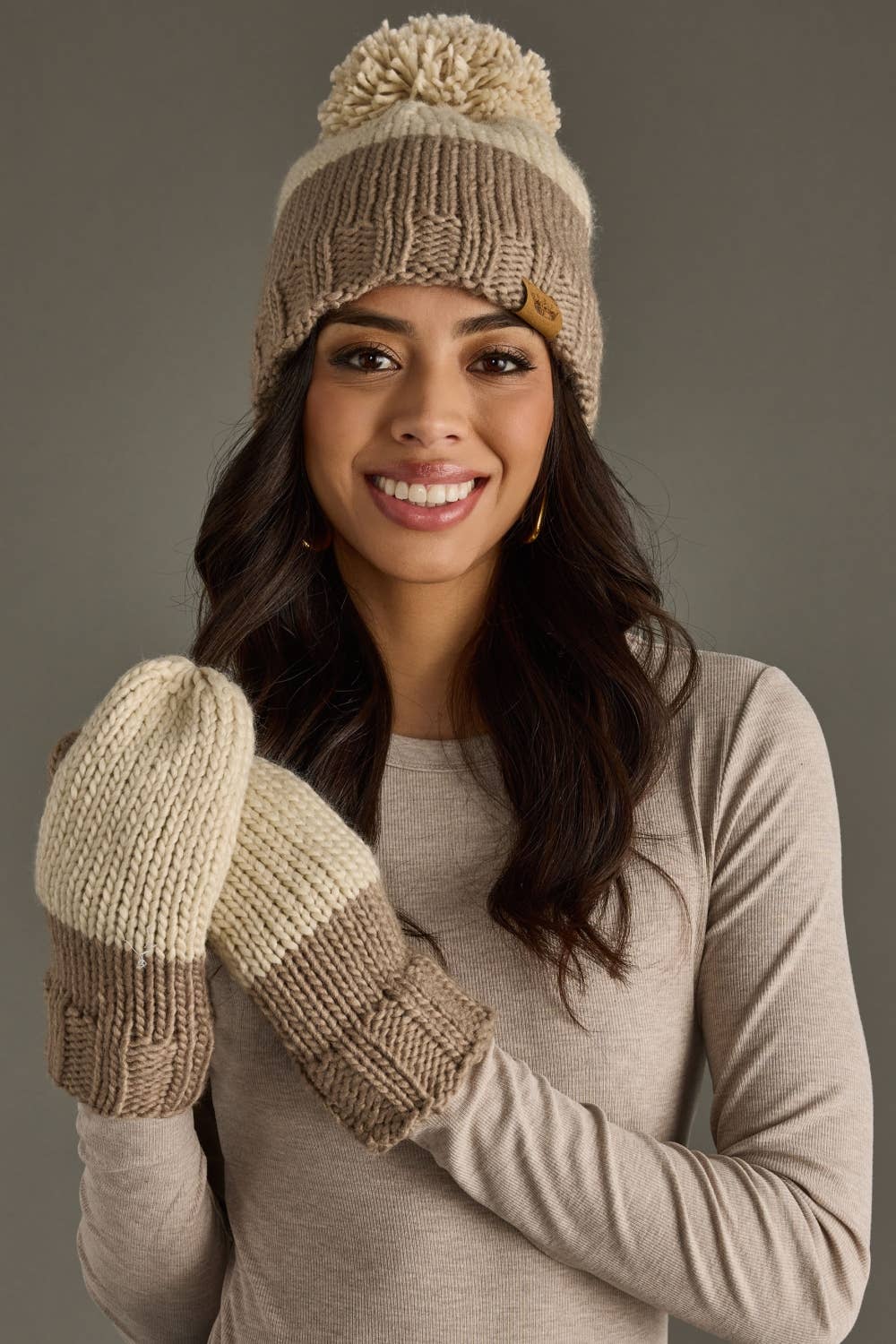 Beige & Taupe Pom Hat