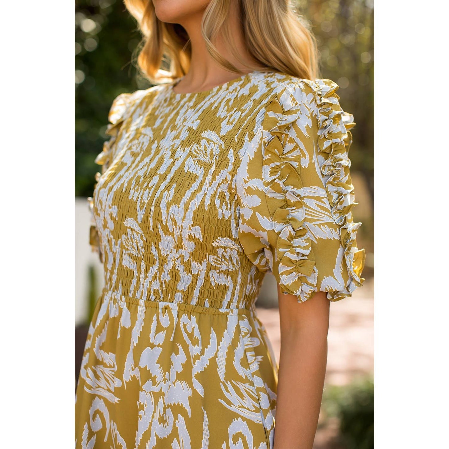 Smocked Print Maxi Dress