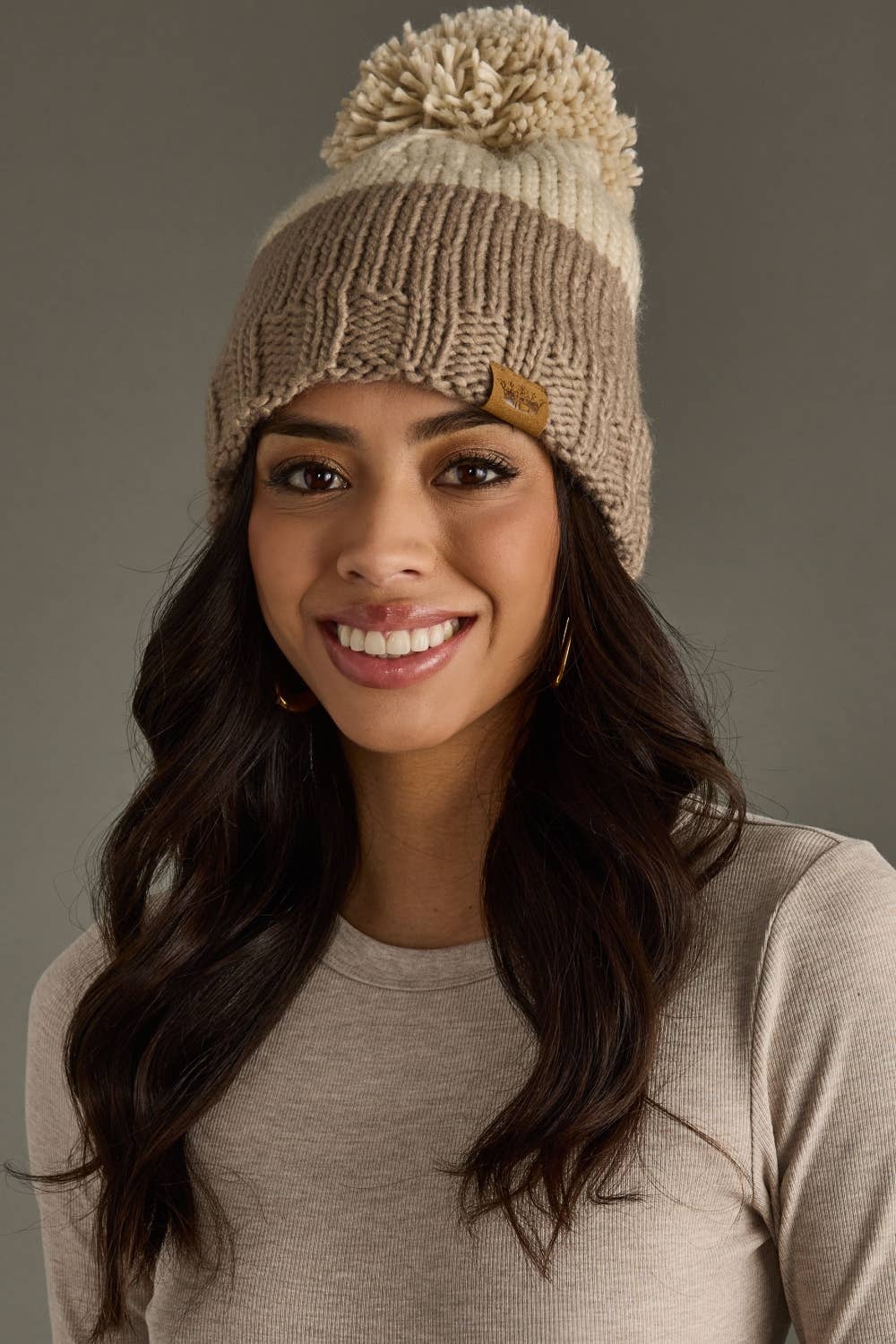 Beige & Taupe Pom Hat