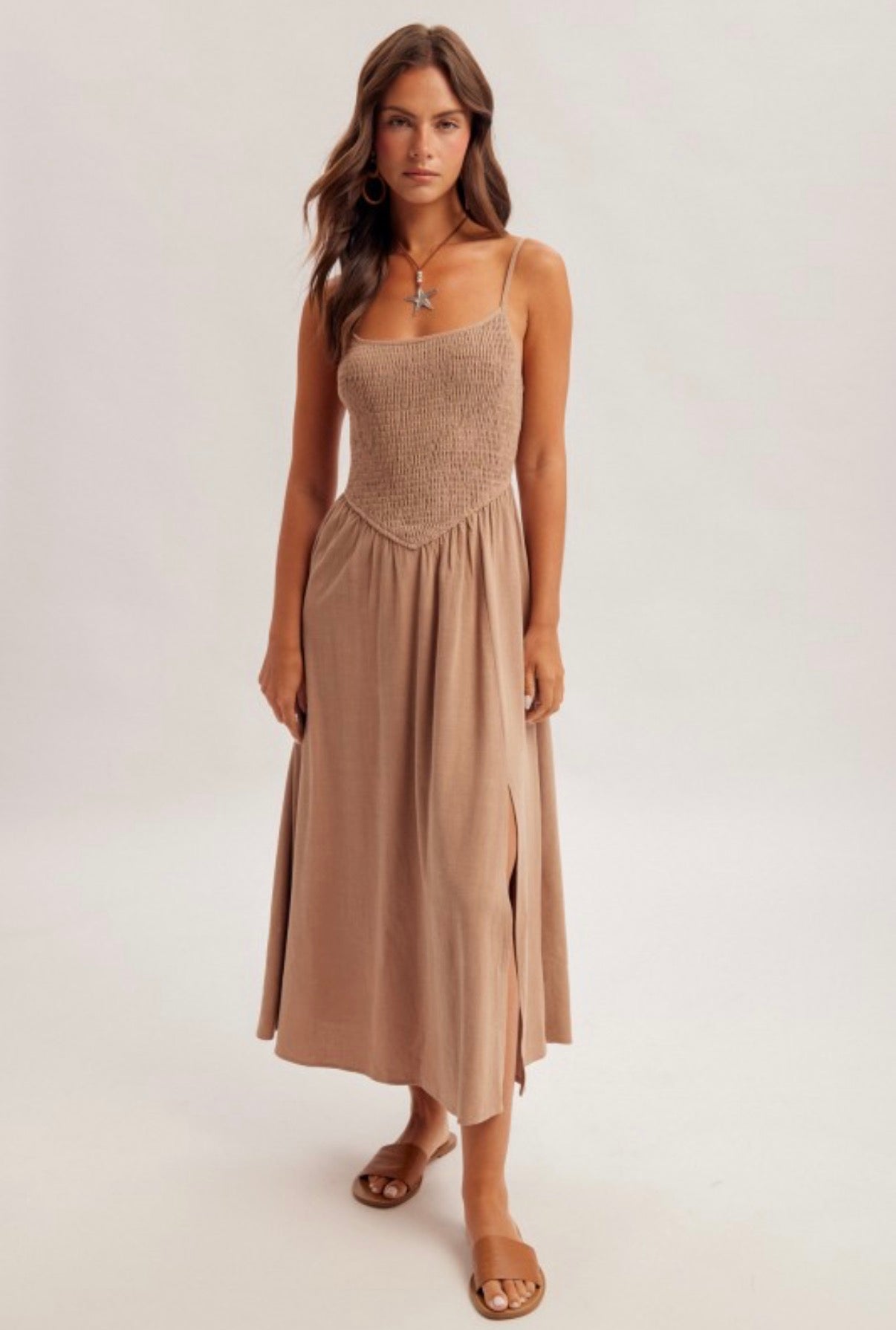 Mocha Smocked Midi Dress