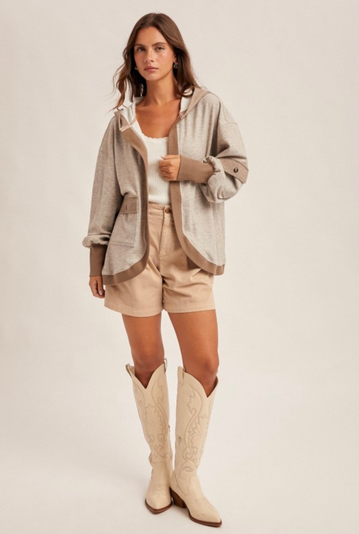 Color Block Hooded Cardi Mocha