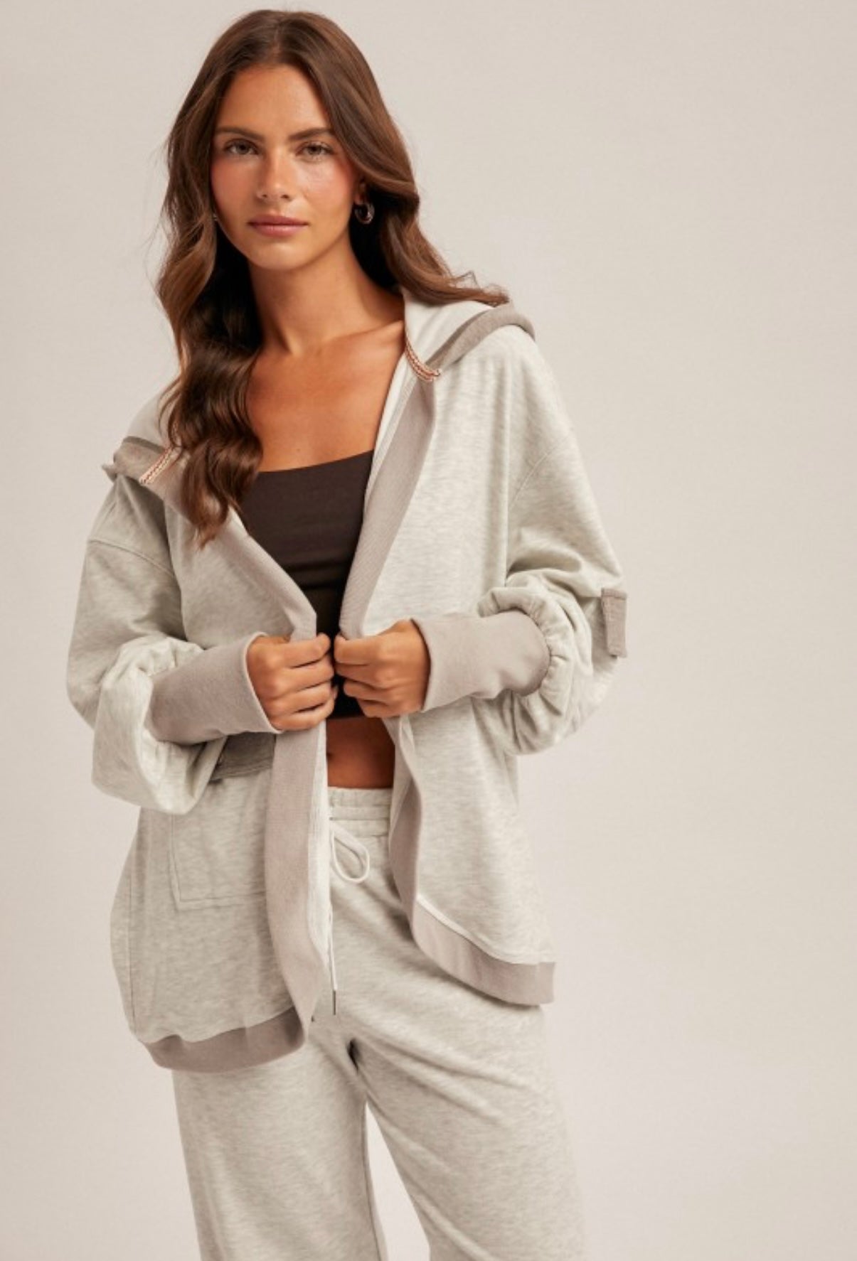 Color Block Hooded Cardi Gray