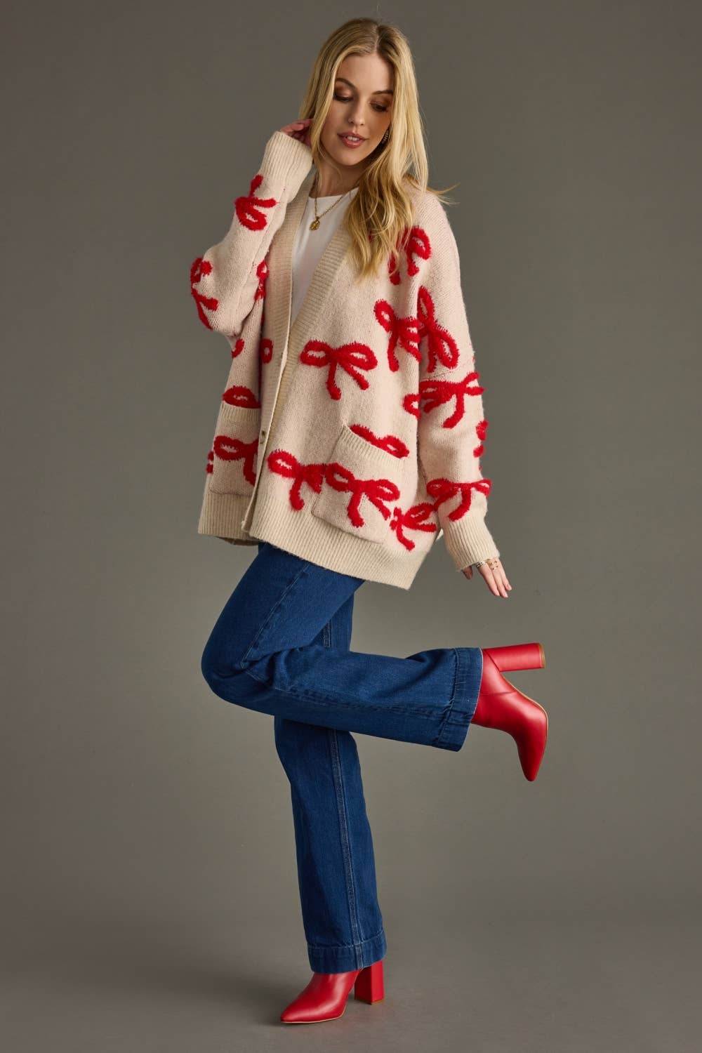 Tan & Red Bow Cardigan