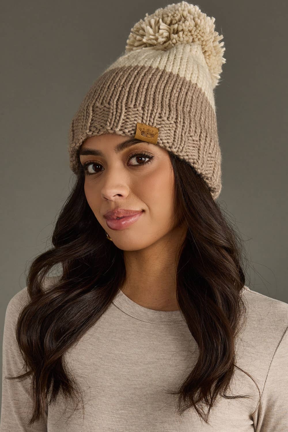 Beige & Taupe Pom Hat