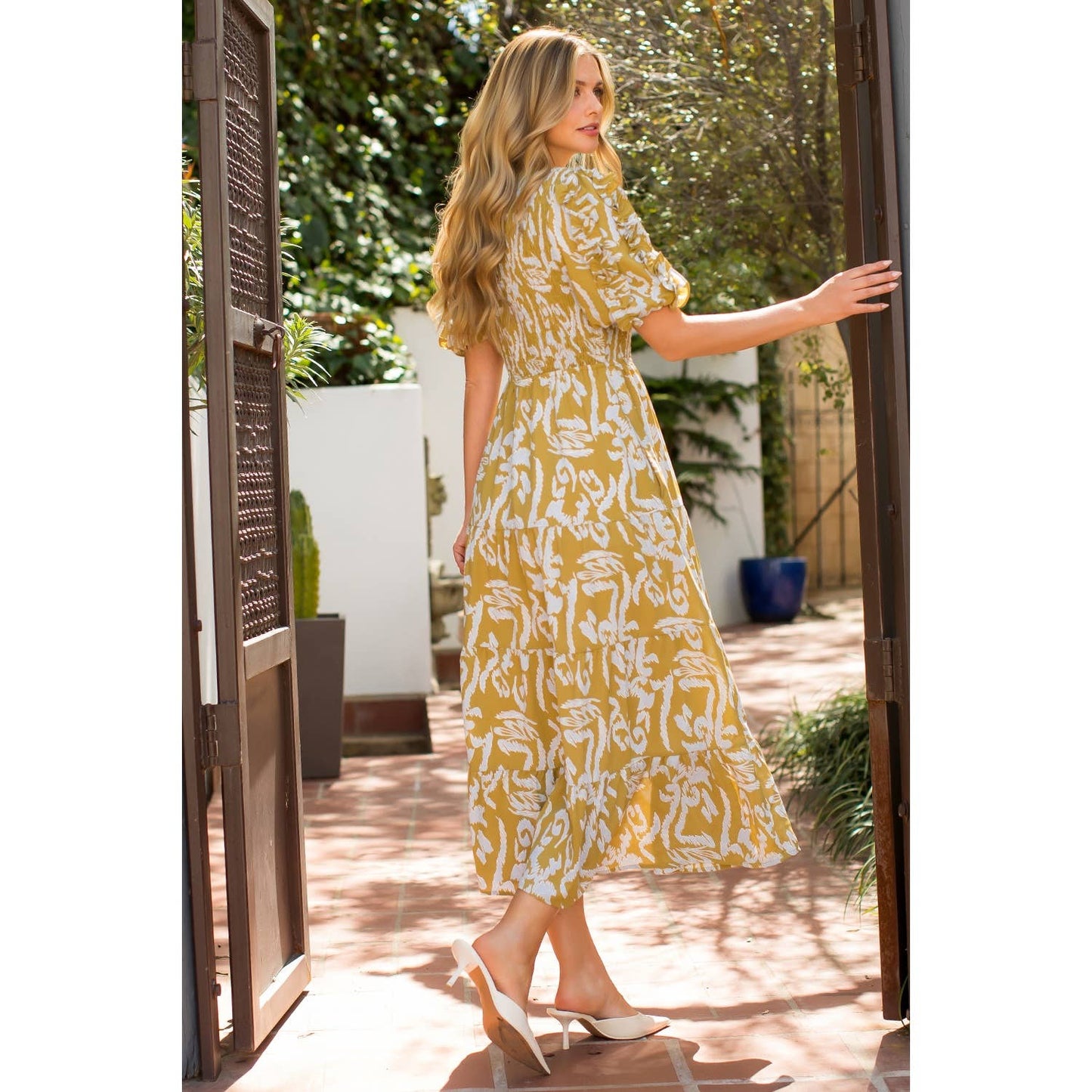 Smocked Print Maxi Dress