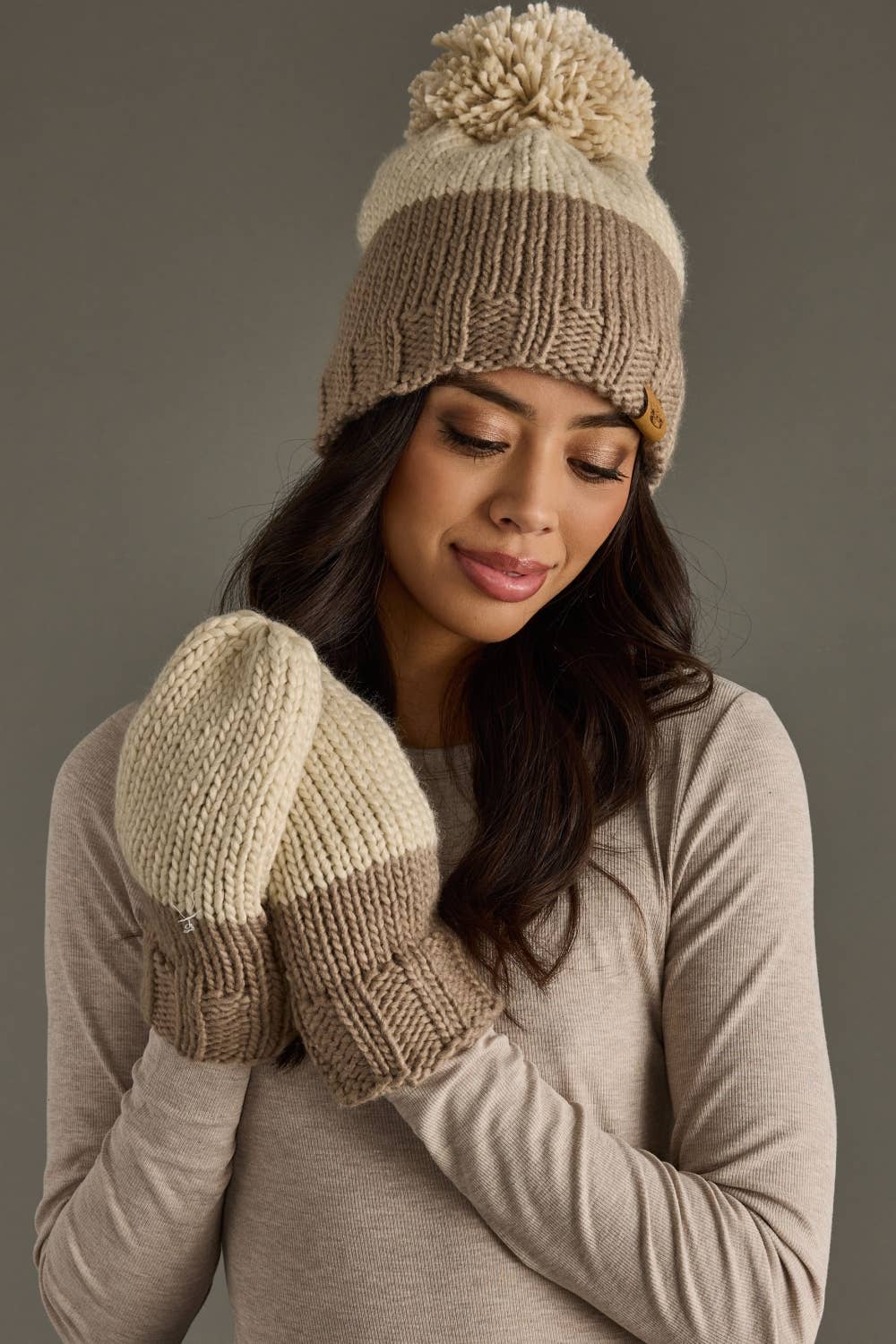 Beige & Taupe Pom Hat
