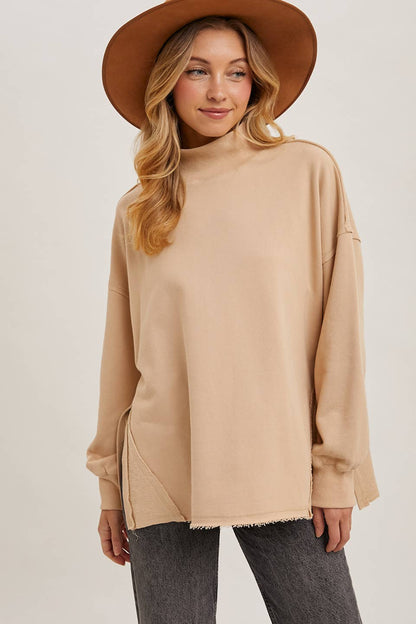 Raw Edge Side Slit Mock Neck