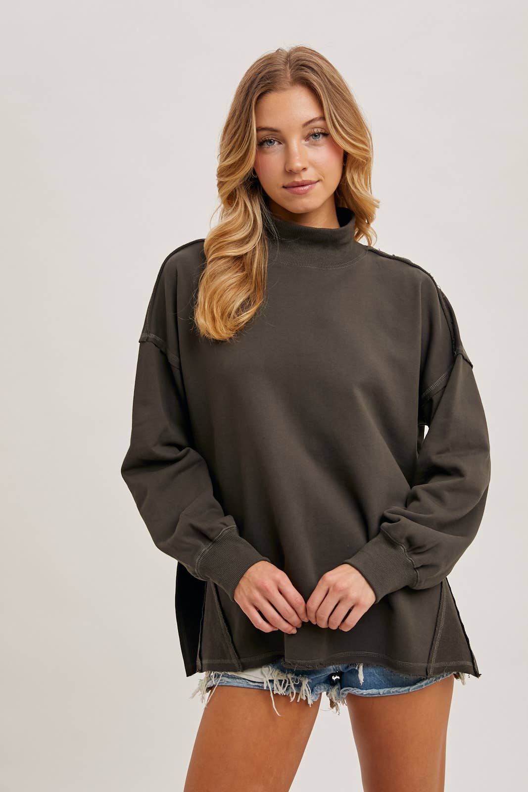 Raw Edge Side Slit Mock Neck
