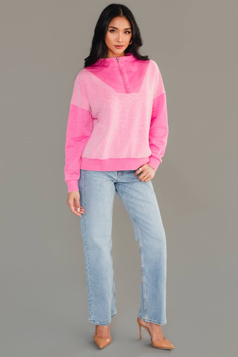 Pink Mixed Media Quarter Zip Sweatshirt