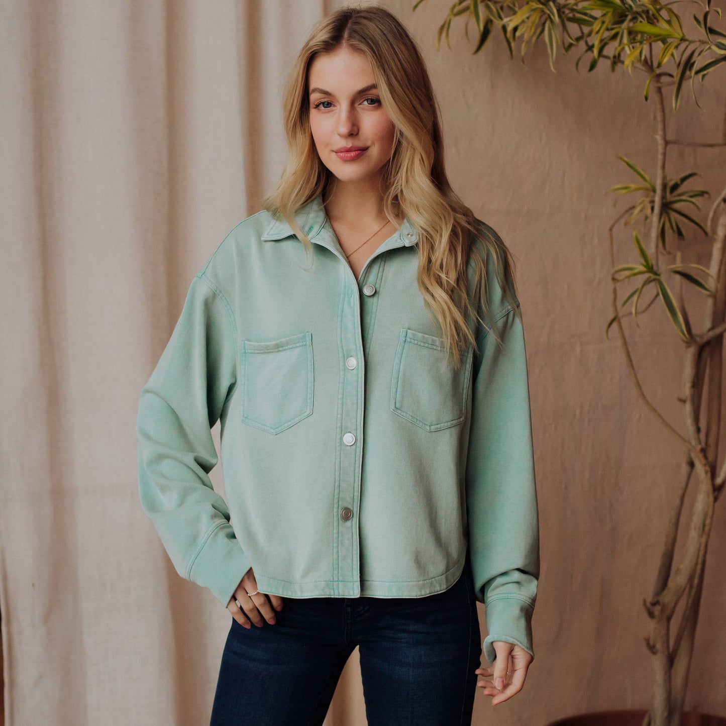 Dusty Mint Cropped Washed Soft Button Up