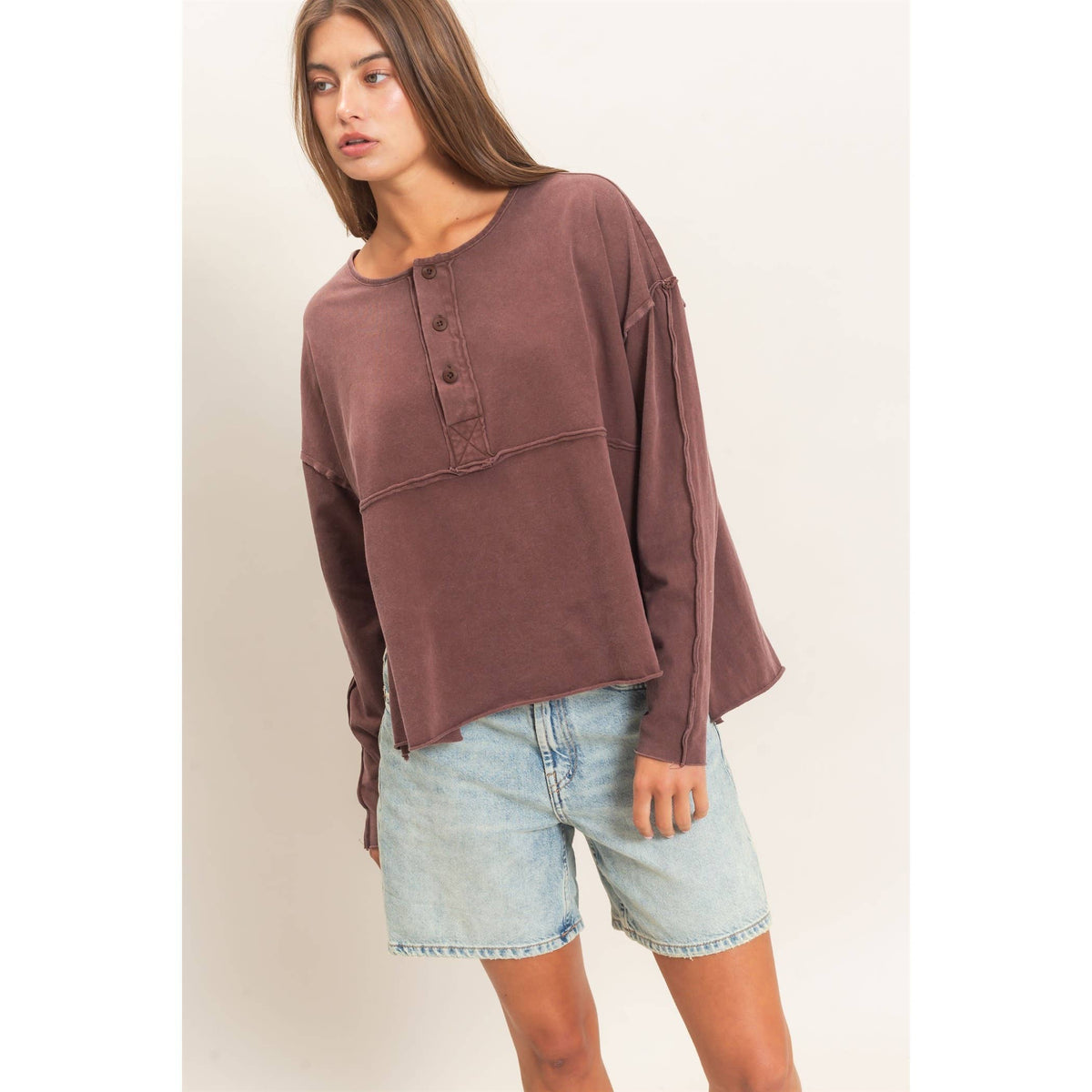 Oversized Henley Top With Raw Edges