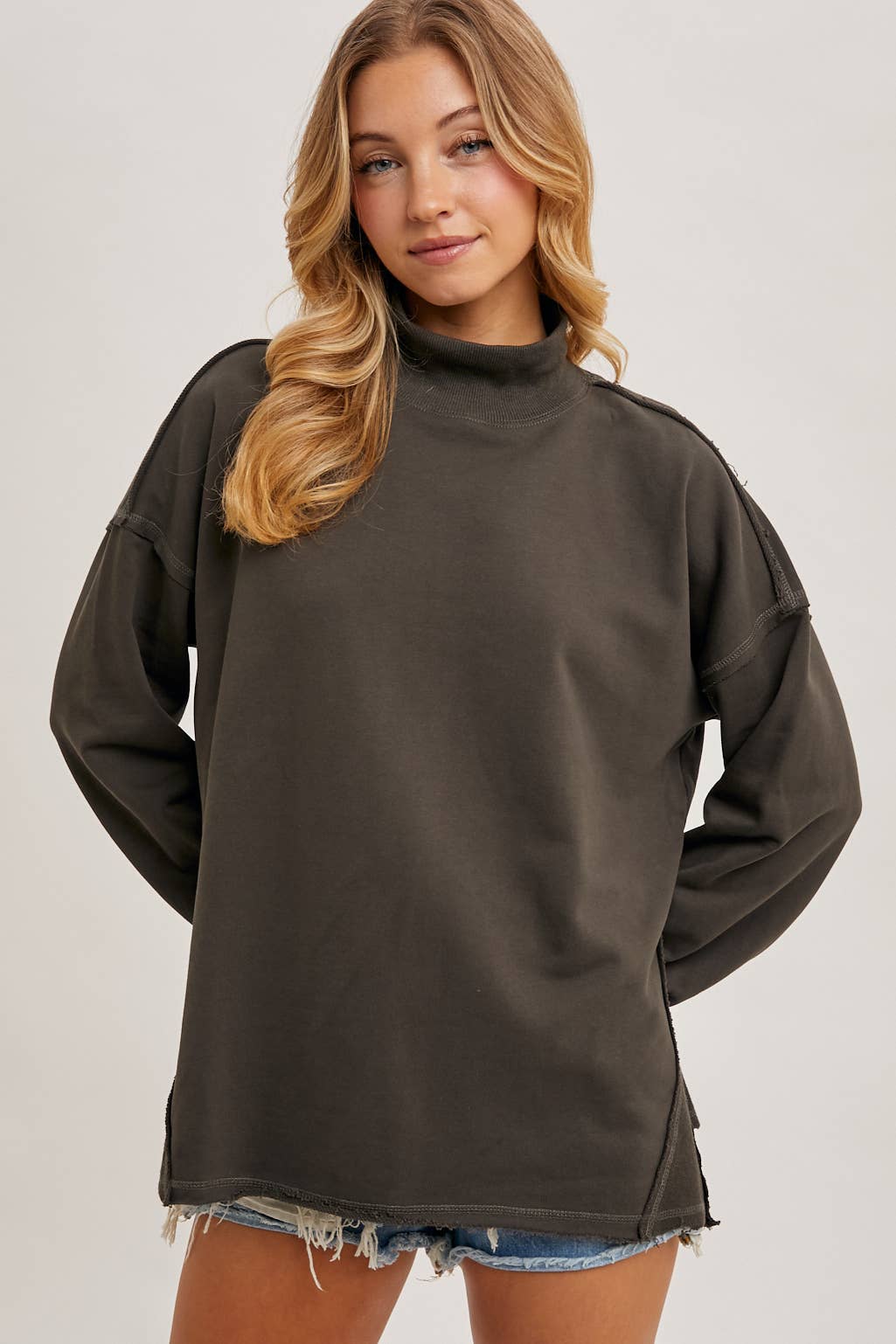 Raw Edge Side Slit Mock Neck