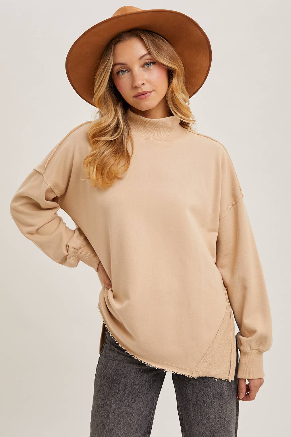 Raw Edge Side Slit Mock Neck