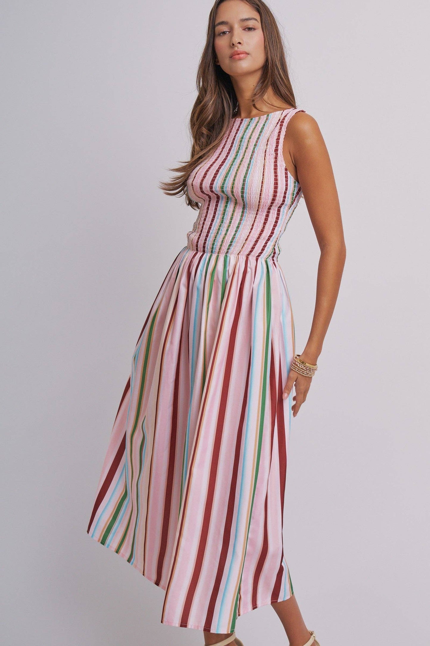 Candy Stripe Smocked Midi Dress With High Neckline