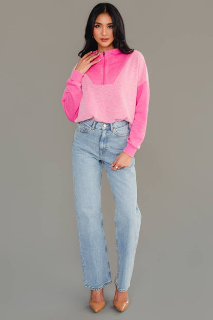 Pink Mixed Media Quarter Zip Sweatshirt