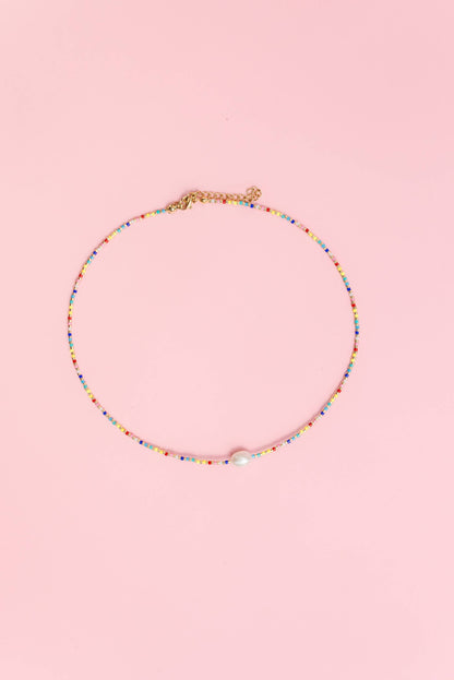 Party Pearl - Single Pearl and Rainbow Seed Bead Necklace