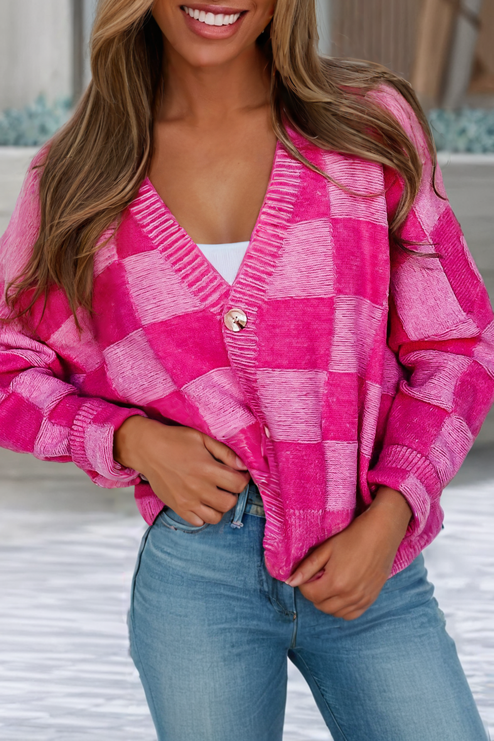 Pink Checkered Cardigan