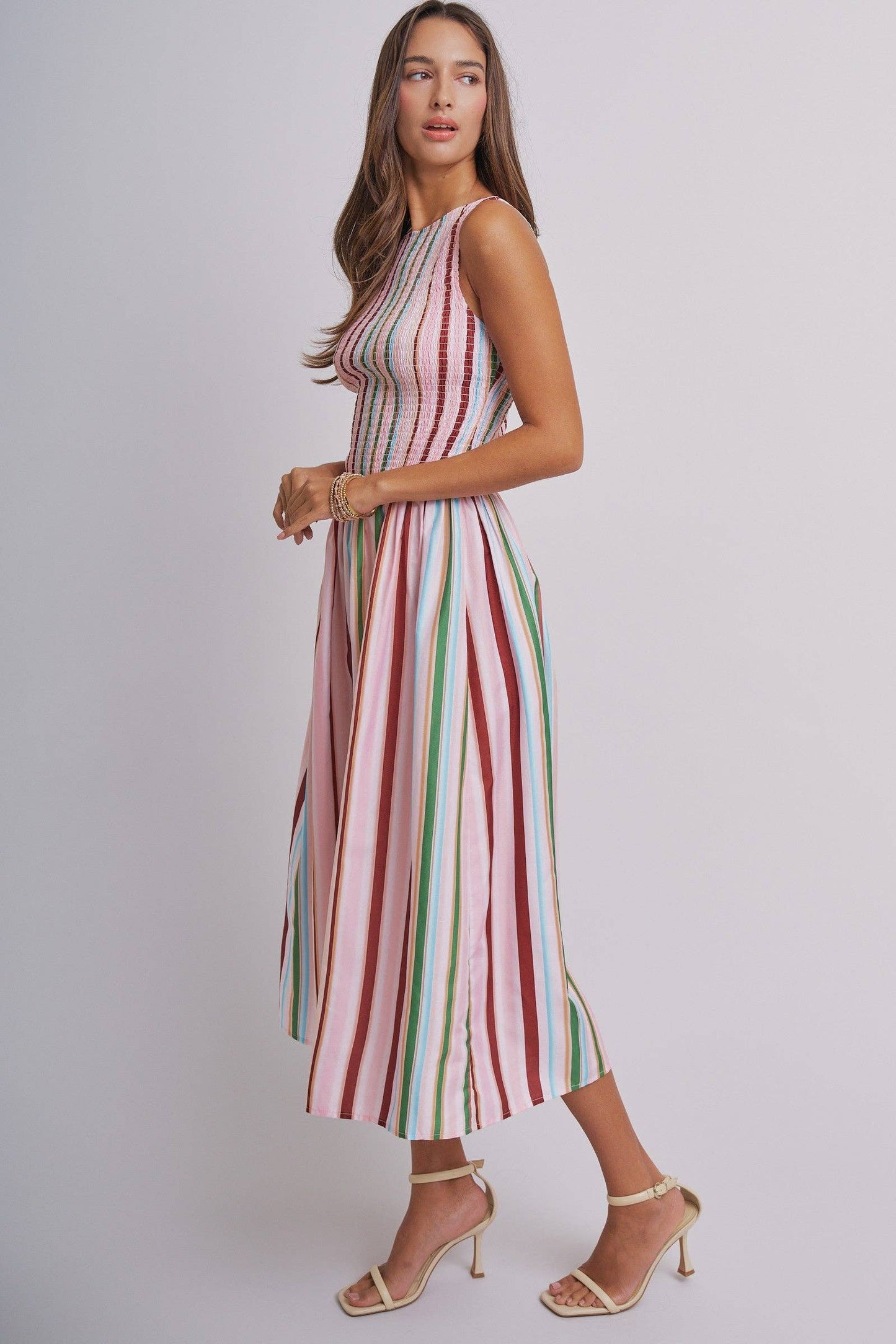 Candy Stripe Smocked Midi Dress With High Neckline