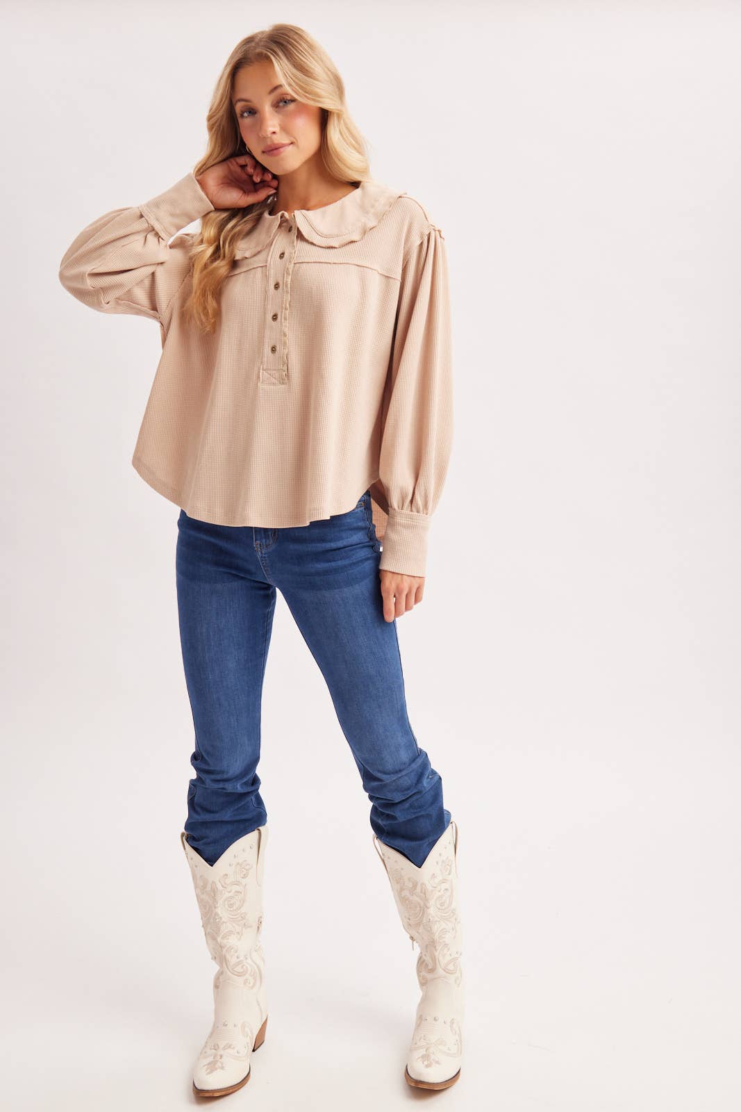 Collar Waffle Knit Top