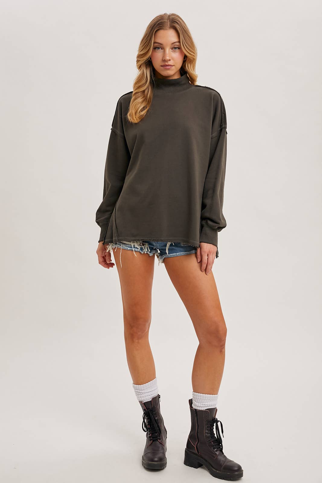 Raw Edge Side Slit Mock Neck