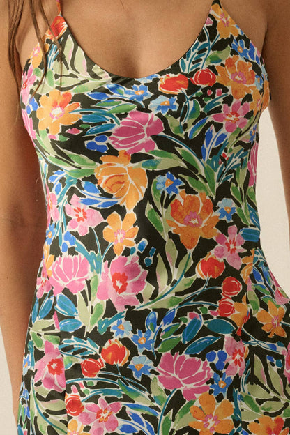 Floral Satin Fitted Maxi Slip Dress