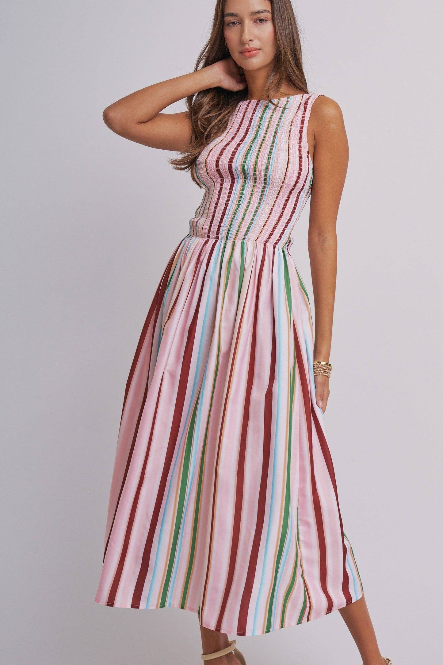 Candy Stripe Smocked Midi Dress With High Neckline