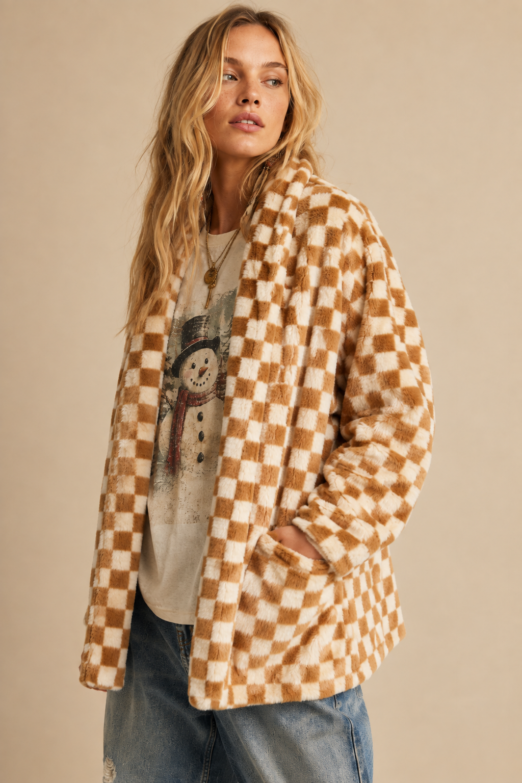 Check Faux Fur Cardigan Jacket
