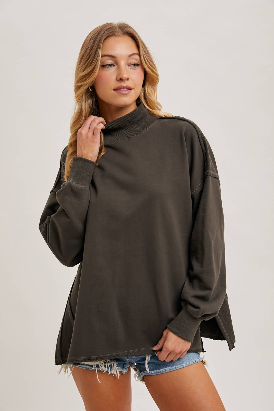 Raw Edge Side Slit Mock Neck