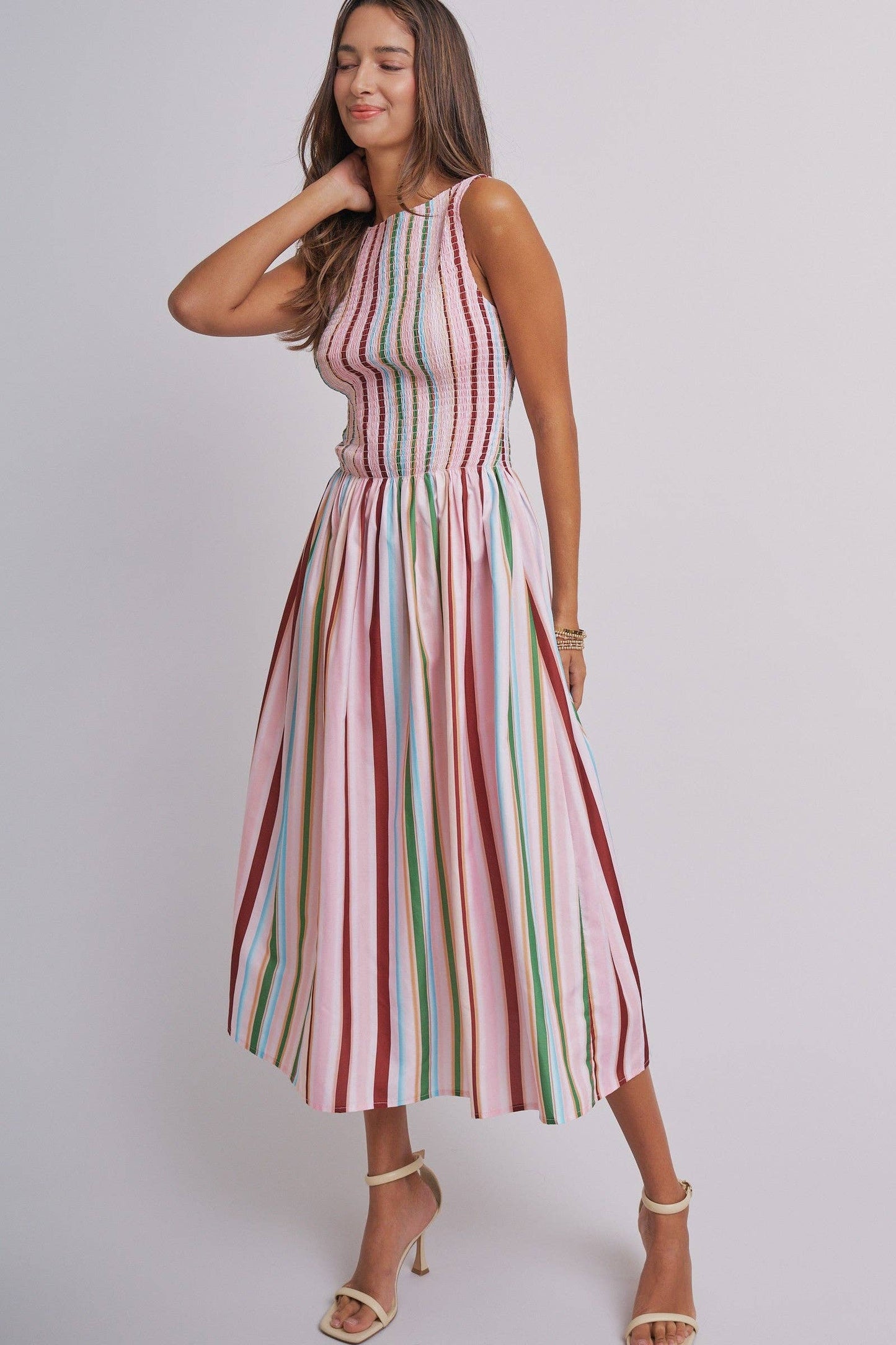 Candy Stripe Smocked Midi Dress With High Neckline