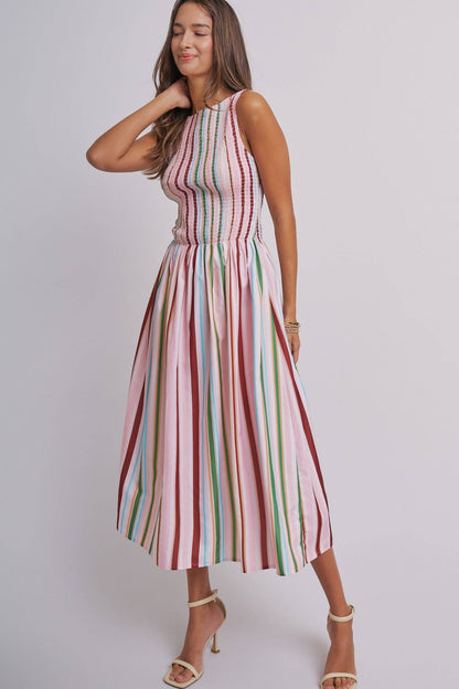 Candy Stripe Smocked Midi Dress With High Neckline