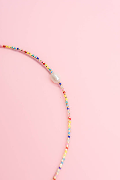 Party Pearl - Single Pearl and Rainbow Seed Bead Necklace