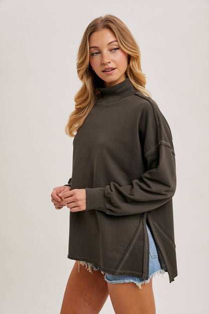 Raw Edge Side Slit Mock Neck