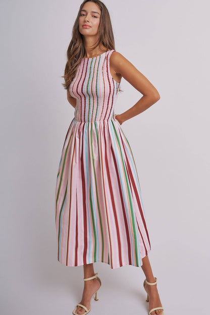 Candy Stripe Smocked Midi Dress With High Neckline