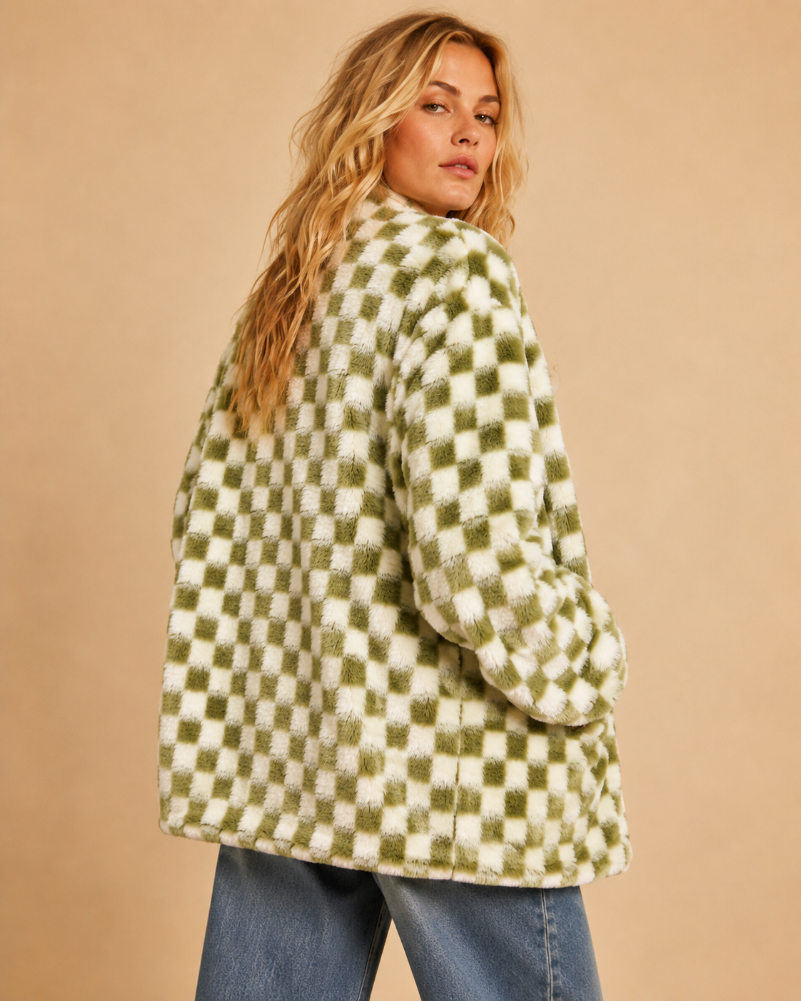 Check Faux Fur Cardigan Jacket