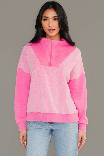 Pink Mixed Media Quarter Zip Sweatshirt
