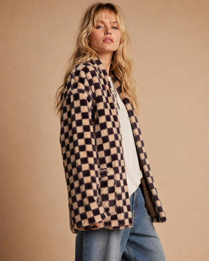 Check Faux Fur Cardigan Jacket