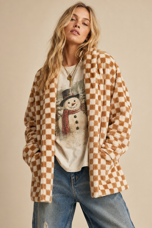 Check Faux Fur Cardigan Jacket