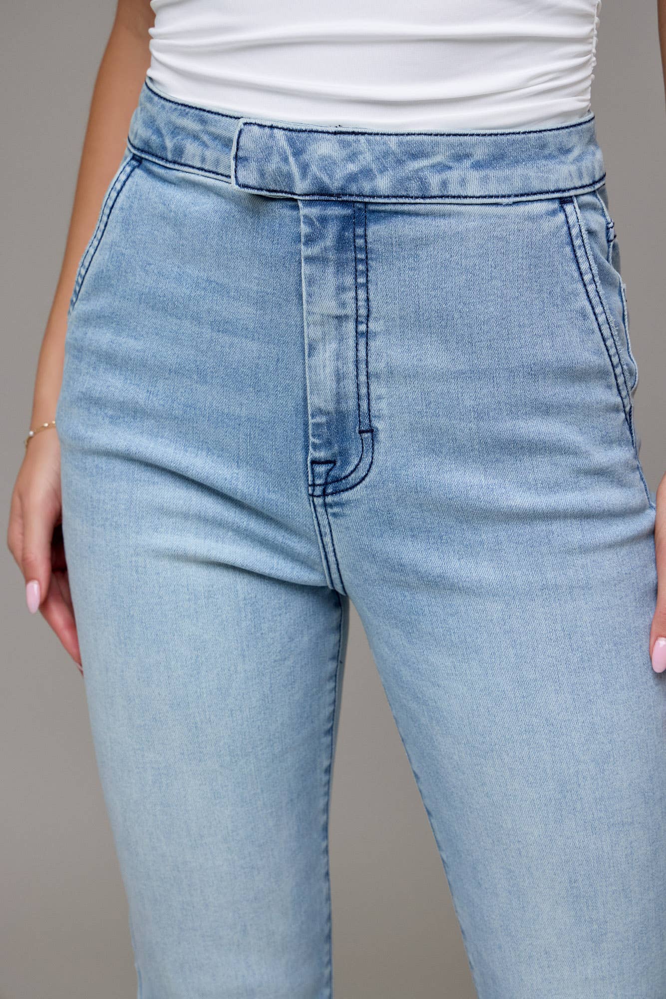 Light Wash High Rise Extended Waistband 33" Inseam Flare