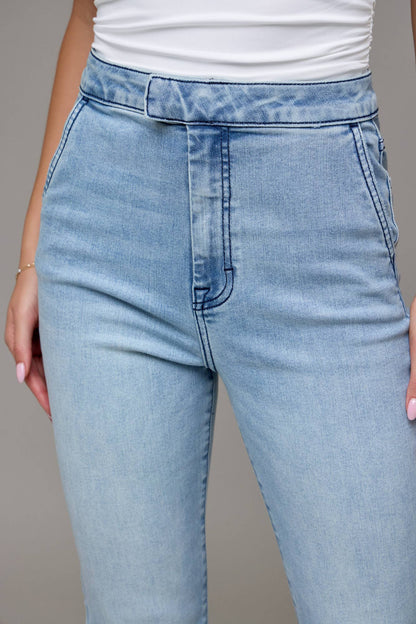 Light Wash High Rise Extended Waistband 33" Inseam Flare