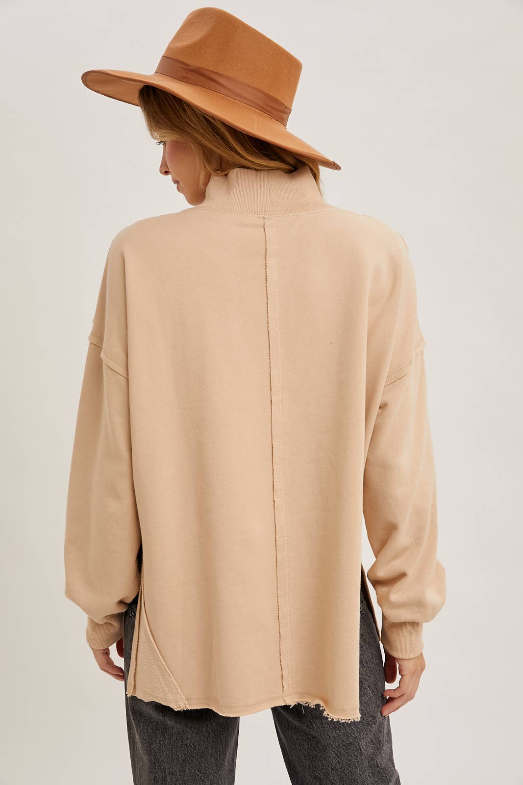 Raw Edge Side Slit Mock Neck