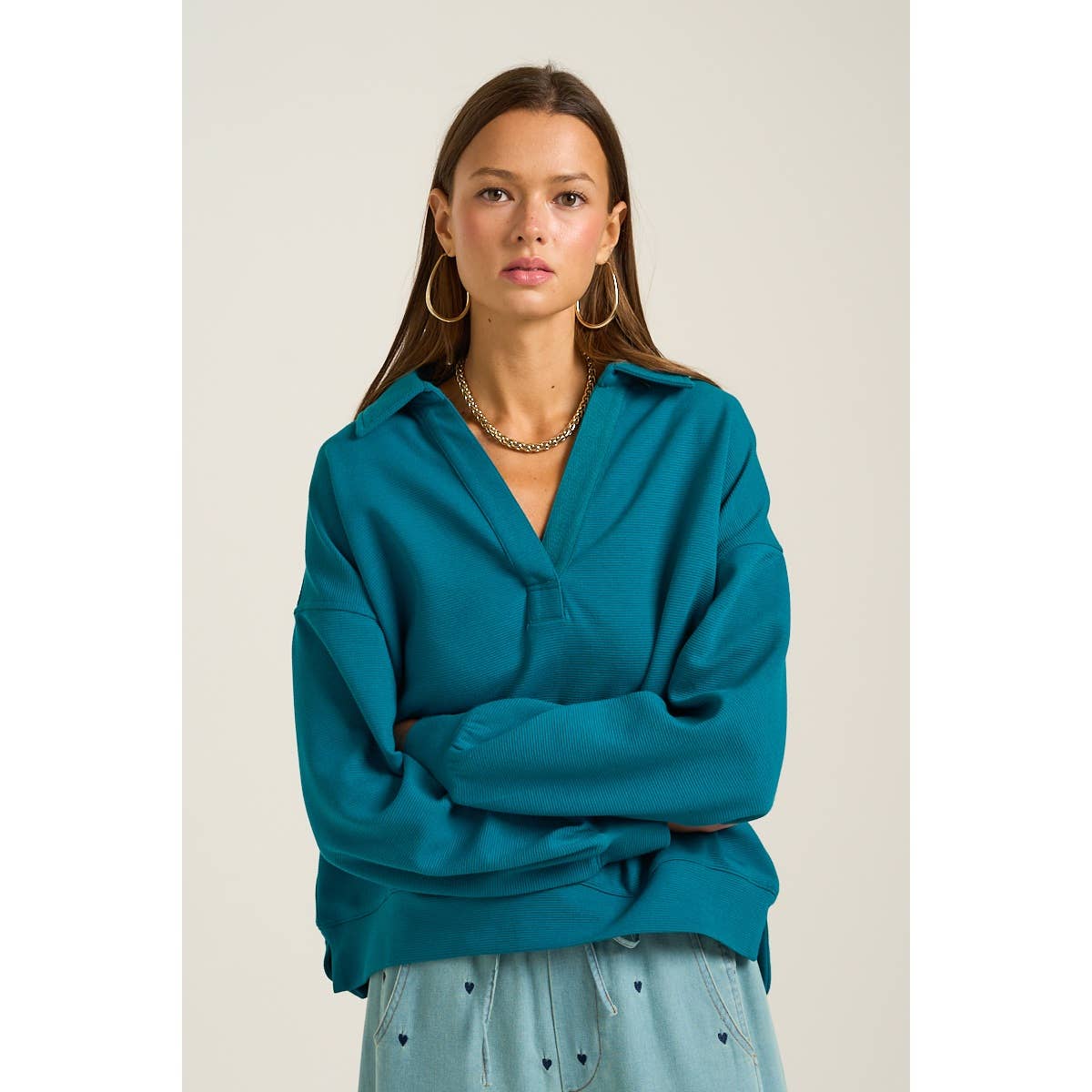 Collared V Neckline Pullover