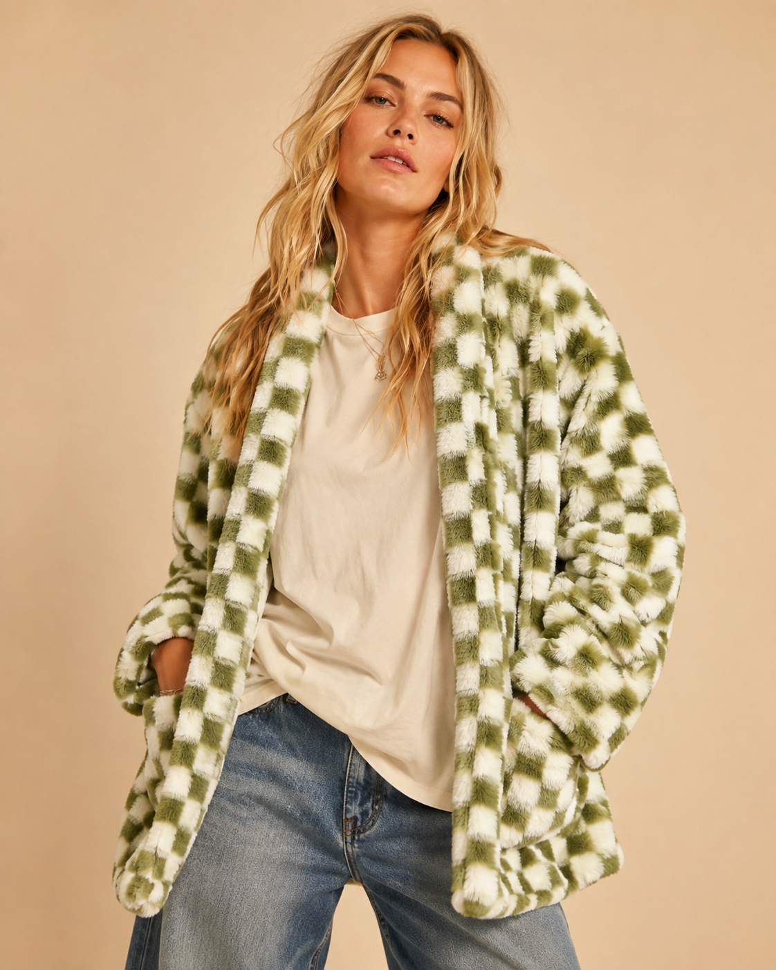 Check Faux Fur Cardigan Jacket