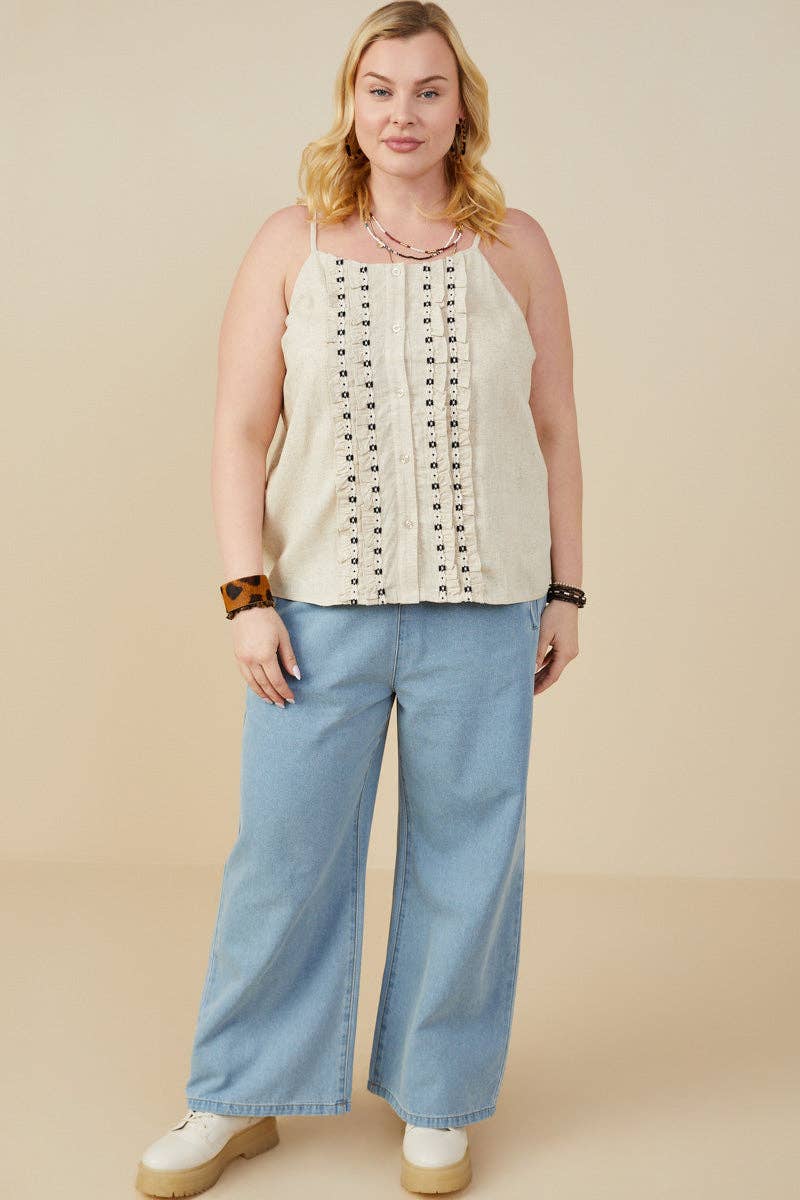 Ruffled Tape Trim Linen Tank
