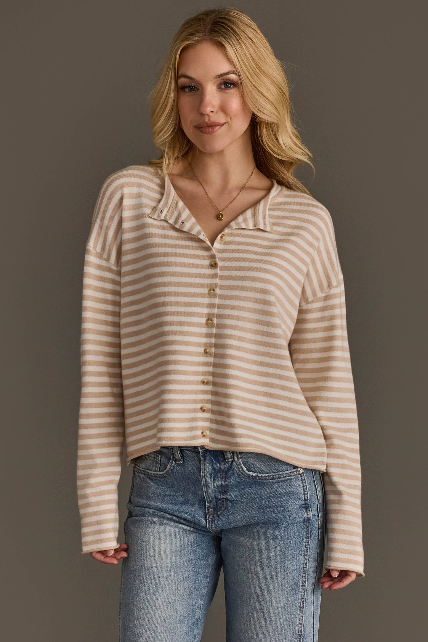 Beige & Off White Striped Cardi