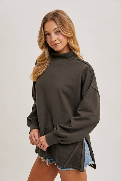 Raw Edge Side Slit Mock Neck