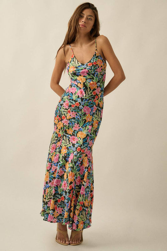 Floral Satin Fitted Maxi Slip Dress